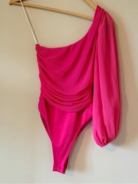 Hello Molly Hot Pink One-Shoulder Bodysuit with Draped Front